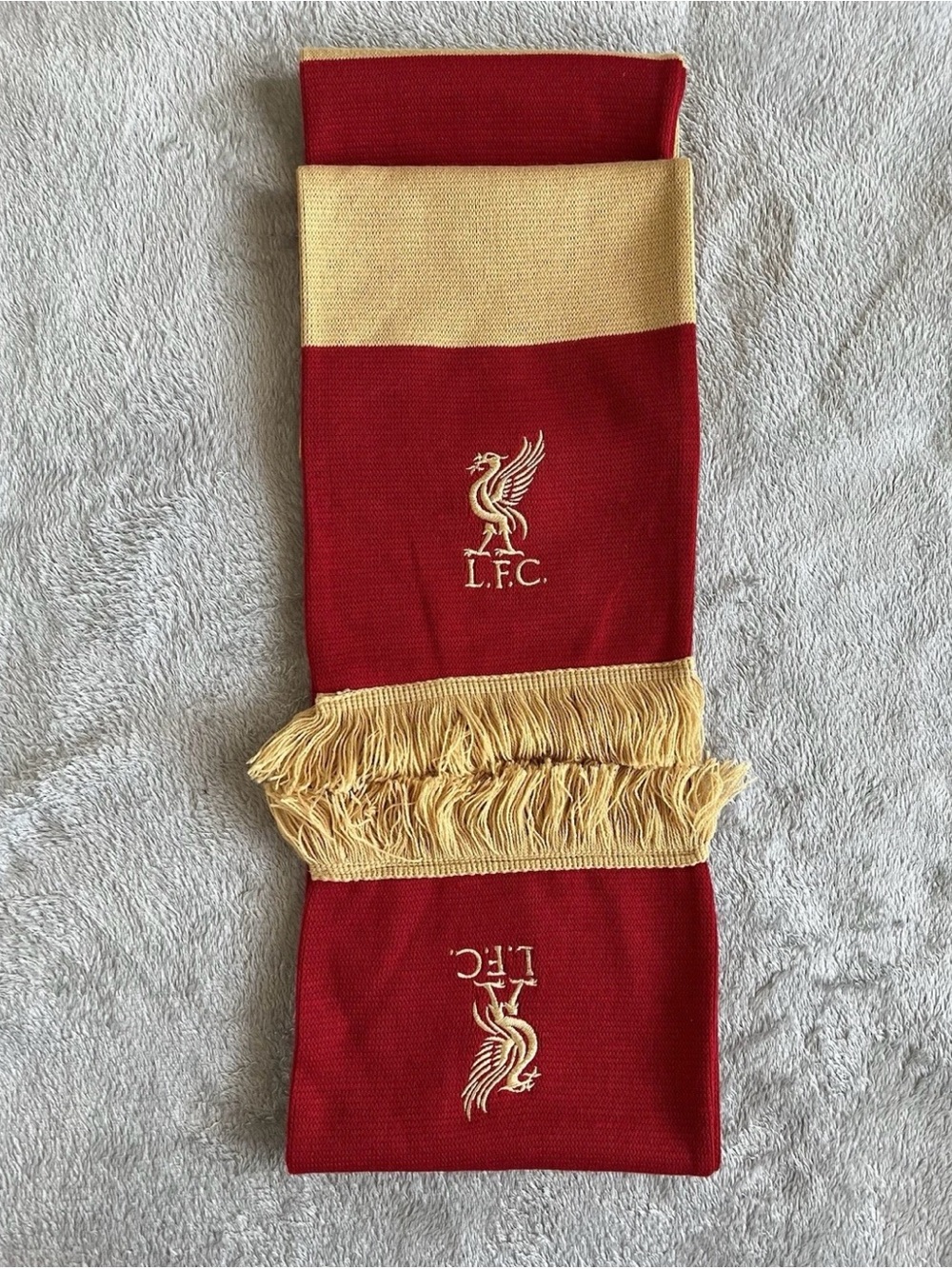 Liverpool FC LFC Red Gold Stripe Knit Soccer Scarf Fringe